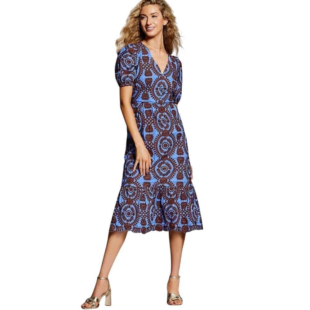 ADELYN RAE $158 legacy embroidered midi blue brown dress Size XS